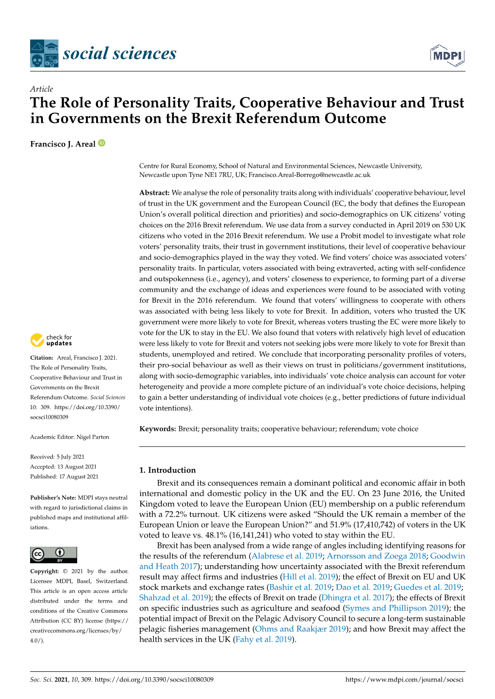 The Role of Personality Traits, Cooperative Behaviour and Trust in Governments on the Brexit Referendum Outcome