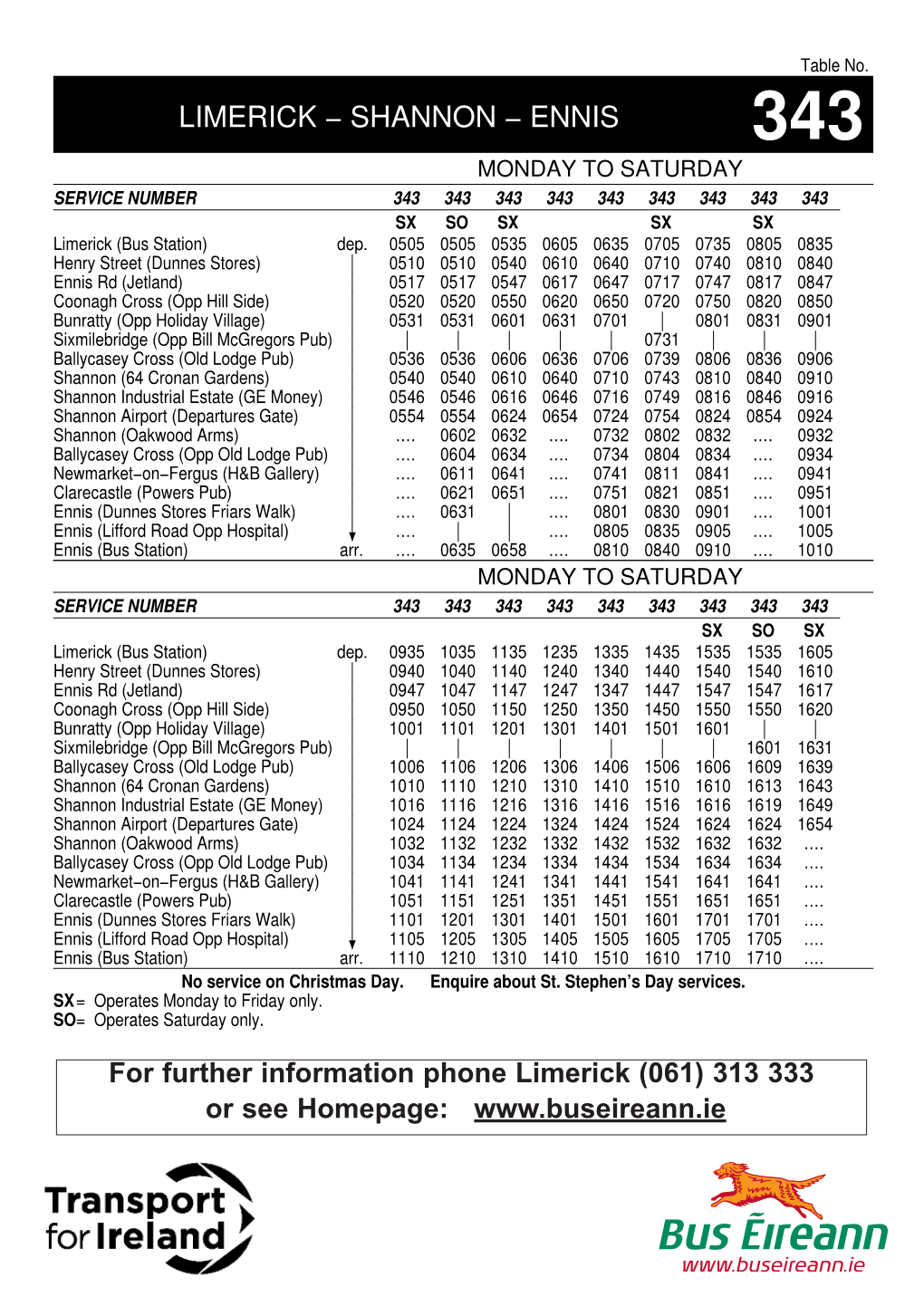 Shannon Airport Bus Eireann 343 Schedule
