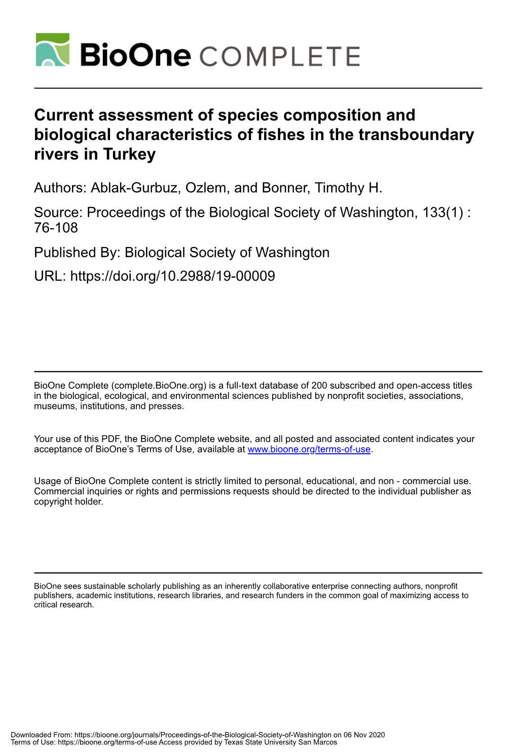 Current Assessment of Species Composition and Biological Characteristics of Fishes in the Transboundary Rivers in Turkey