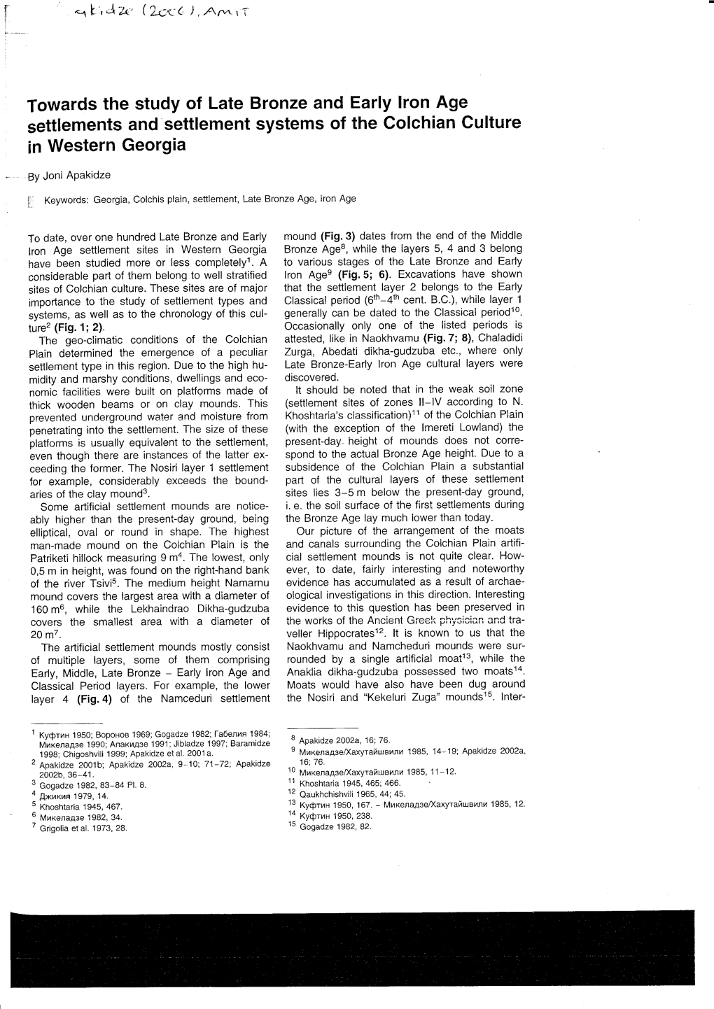 Settlements and Settlement Systems of the Colchian Culture in Western Georgia