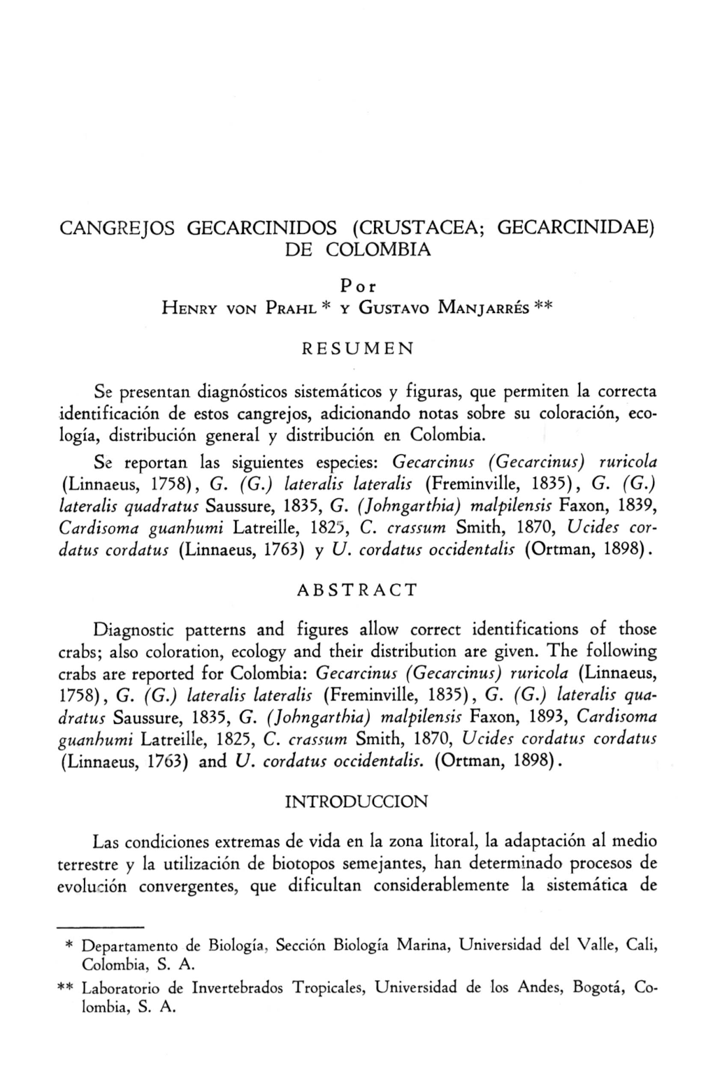 Cangrejos Gecarcinidos (Crustacea; Gecarcinidae) De Colombia