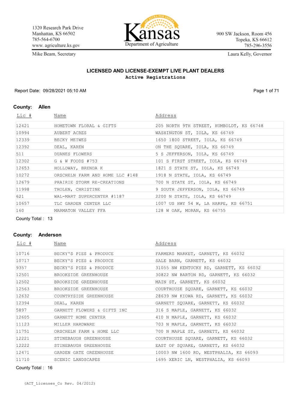 LICENSED and LICENSE-EXEMPT LIVE PLANT DEALERS Active Registrations