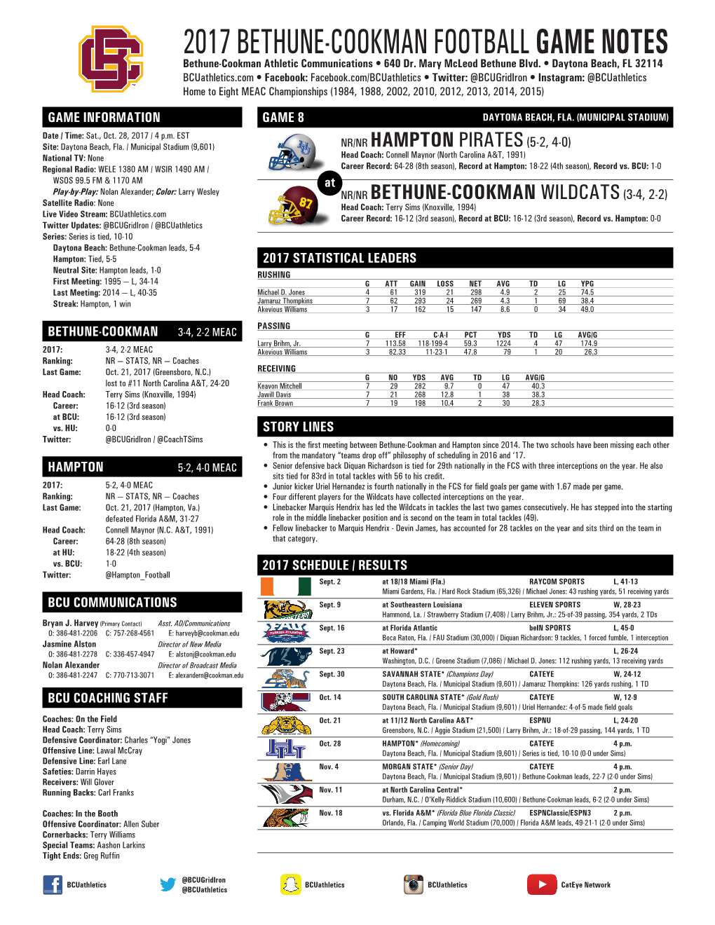 2017 BETHUNE-COOKMAN FOOTBALL GAME NOTES Bethune-Cookman Athletic Communications • 640 Dr