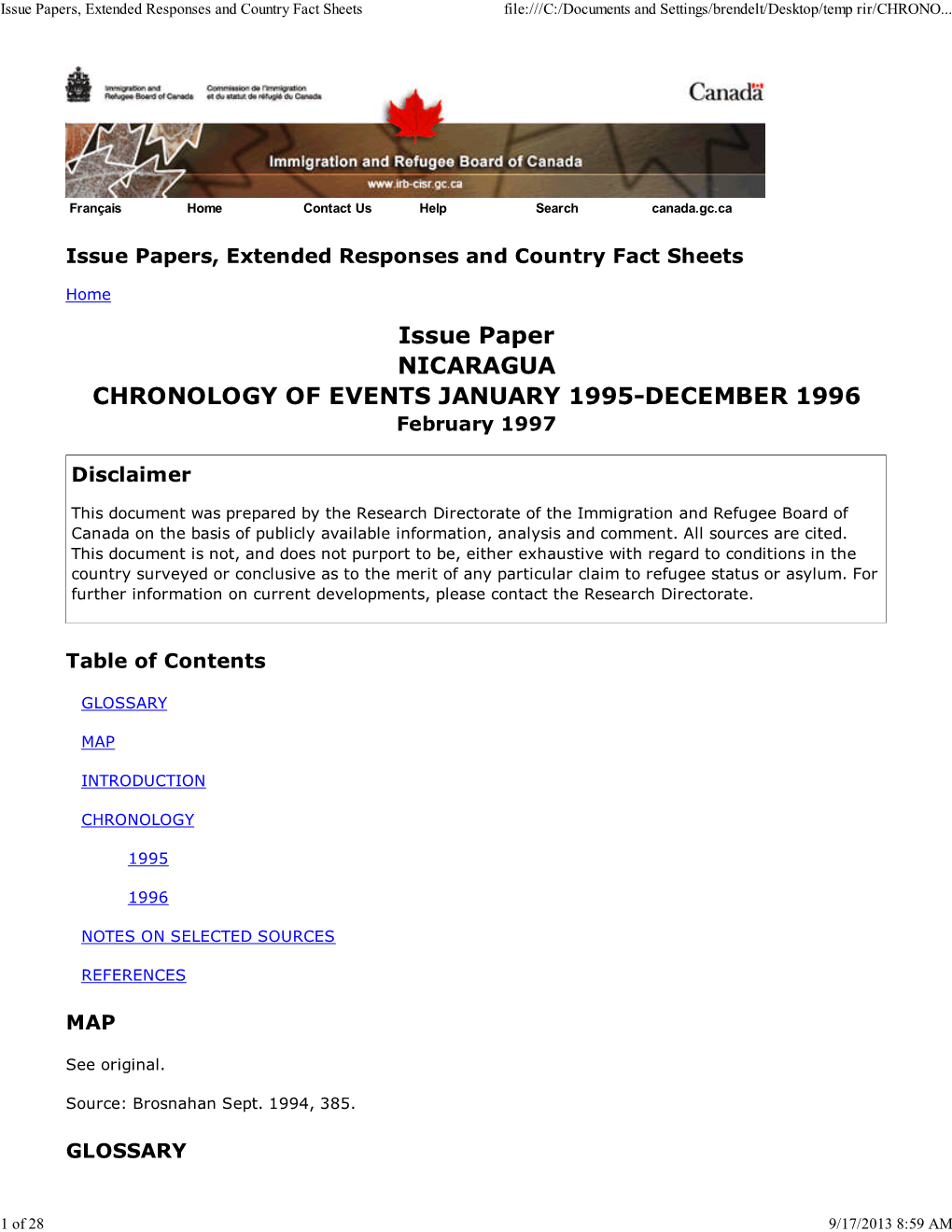 Issue Paper NICARAGUA CHRONOLOGY of EVENTS JANUARY 1995-DECEMBER 1996 February 1997