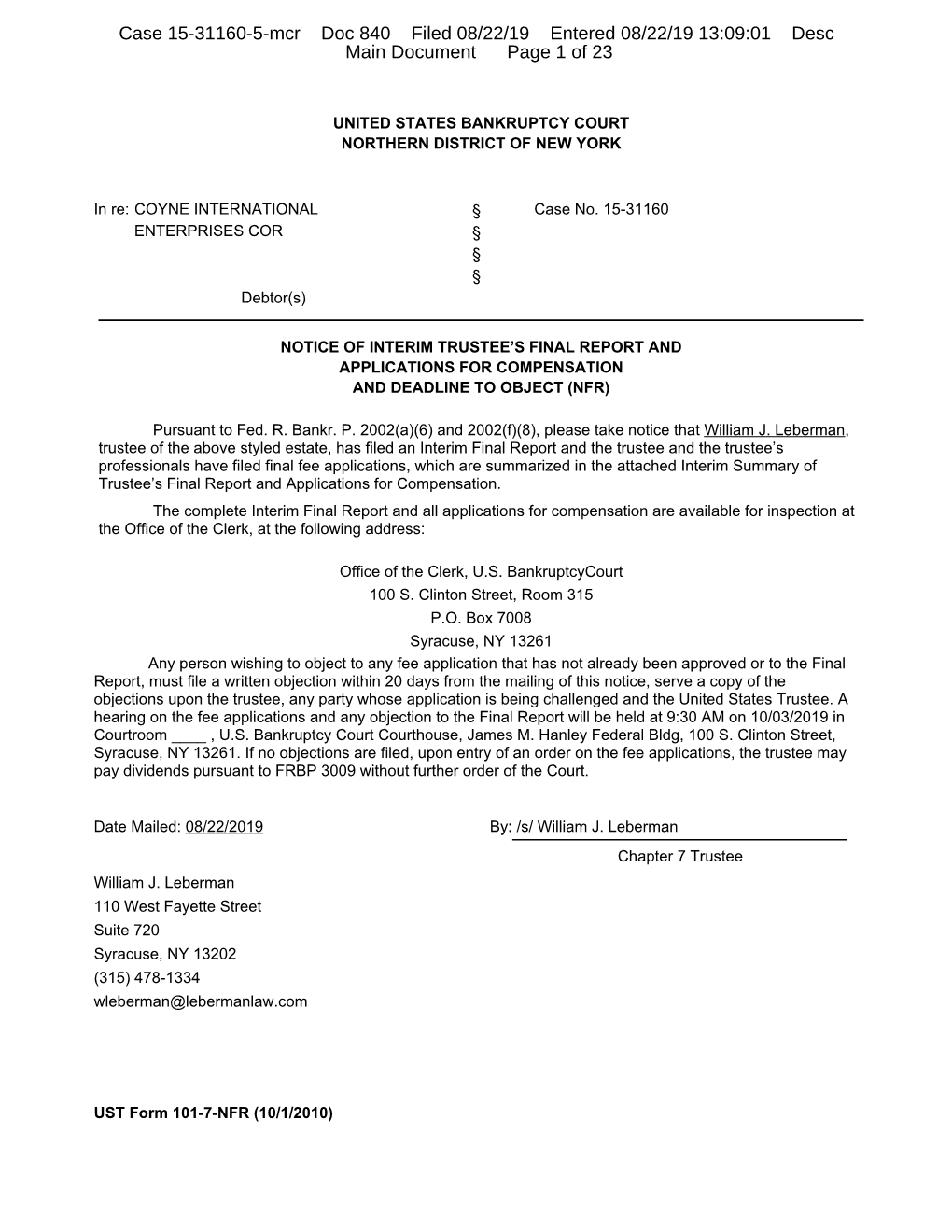 Case 15-31160-5-Mcr Doc 840 Filed 08/22/19 Entered 08/22/19 13:09:01 Desc Main Document Page 1 of 23