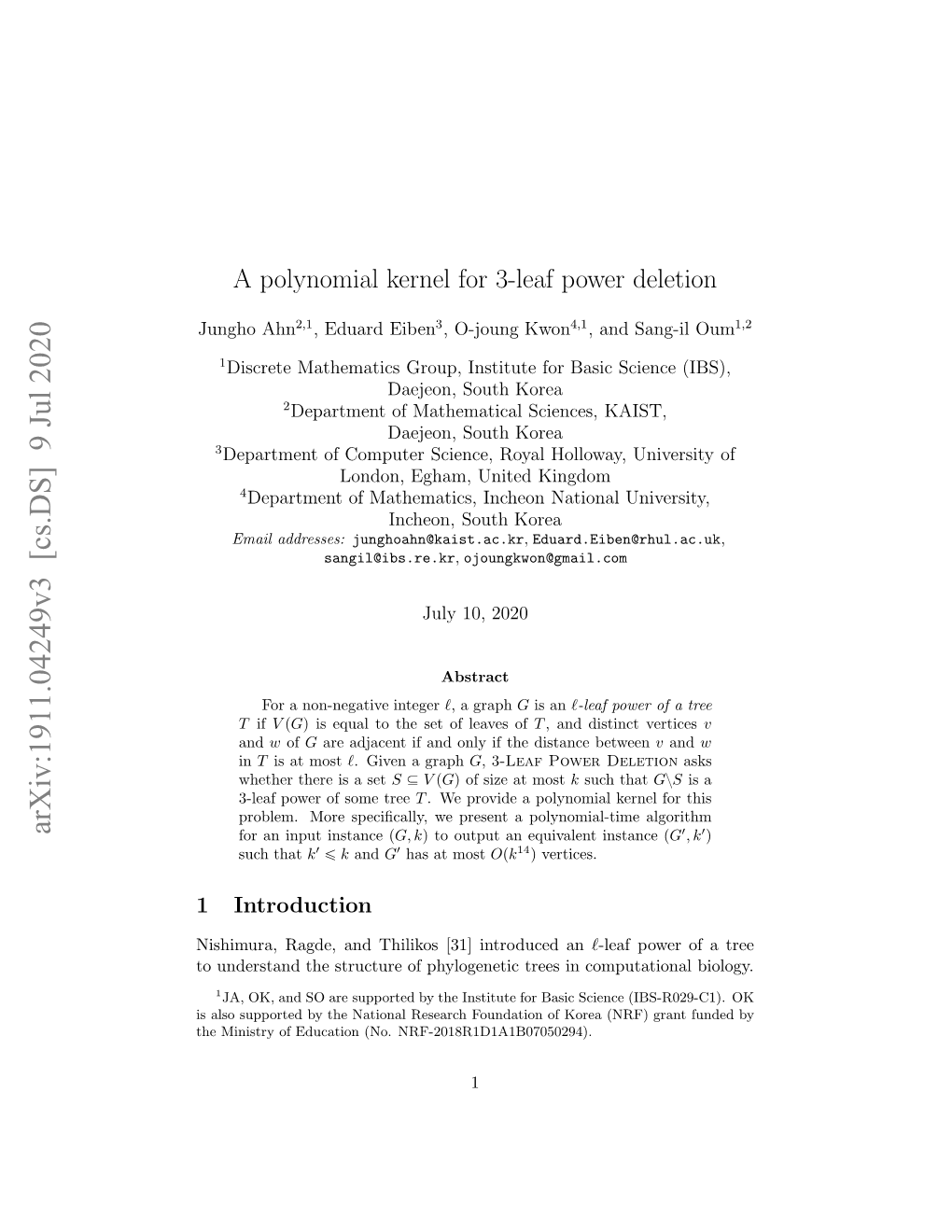 A Polynomial Kernel for 3-Leaf Power Deletion, Master’S Thesis, KAIST, South Korea, 2020