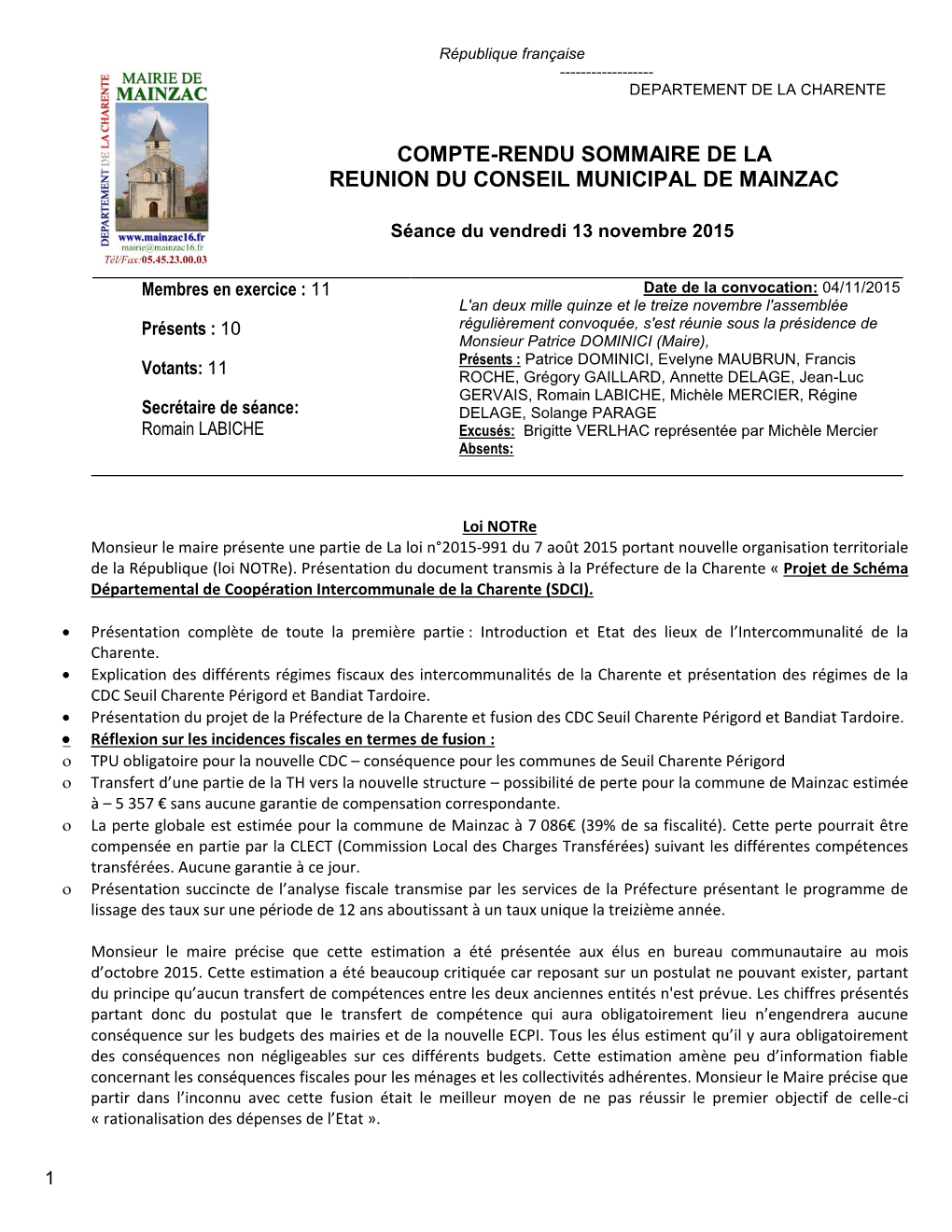 Compte-Rendu Sommaire De La Reunion Du Conseil Municipal De Mainzac