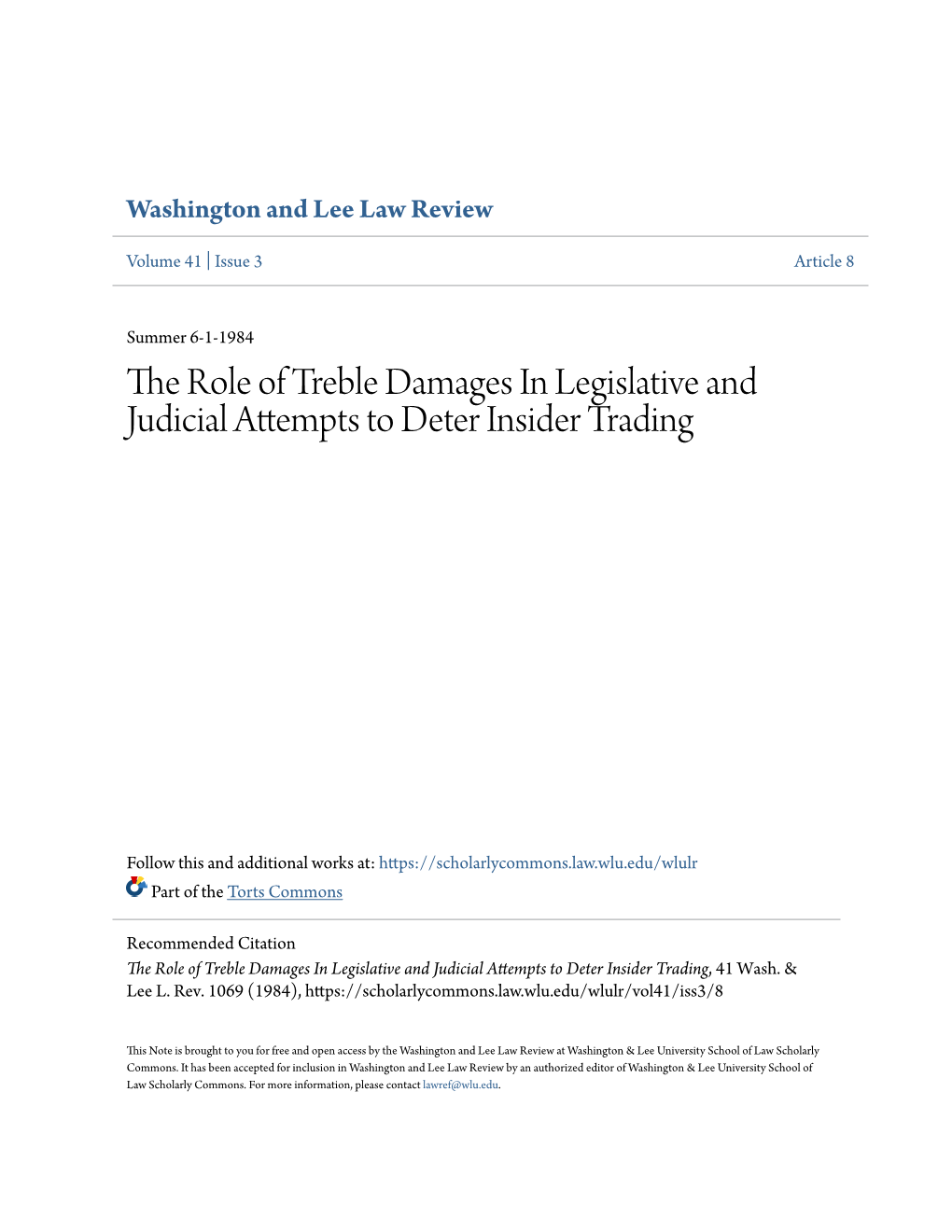 The Role of Treble Damages in Legislative and Judicial Attempts to Deter Insider Trading