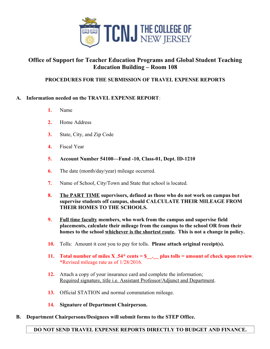 Procedures for the Submission of Travel Expense Reports