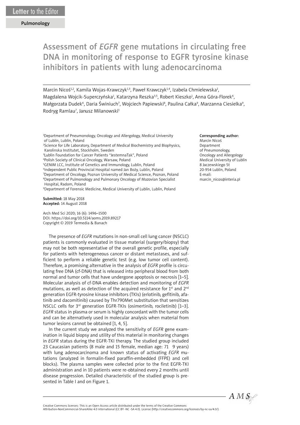 Assessment of EGFR Gene Mutations in Circulating Free DNA in Monitoring of Response to EGFR Tyrosine Kinase Inhibitors in Patients with Lung Adenocarcinoma