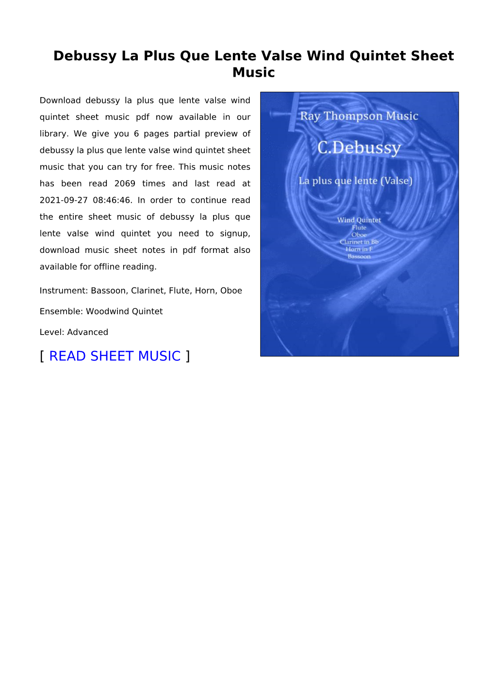 Debussy La Plus Que Lente Valse Wind Quintet Sheet Music