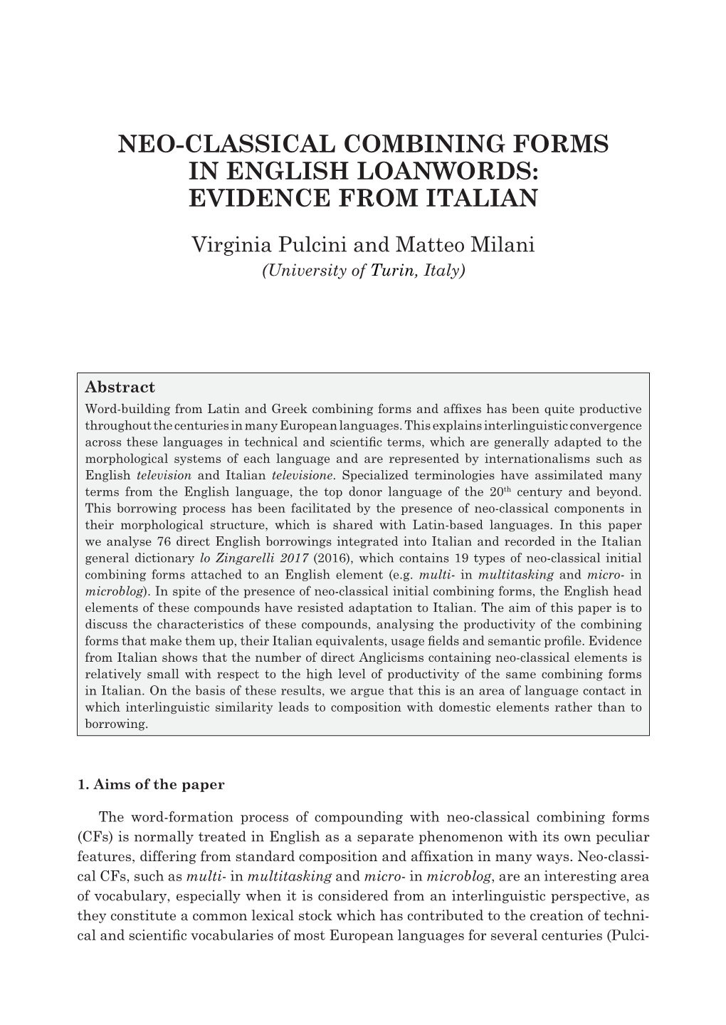 Neo-Classical Combining Forms in English Loanwords: Evidence from Italian