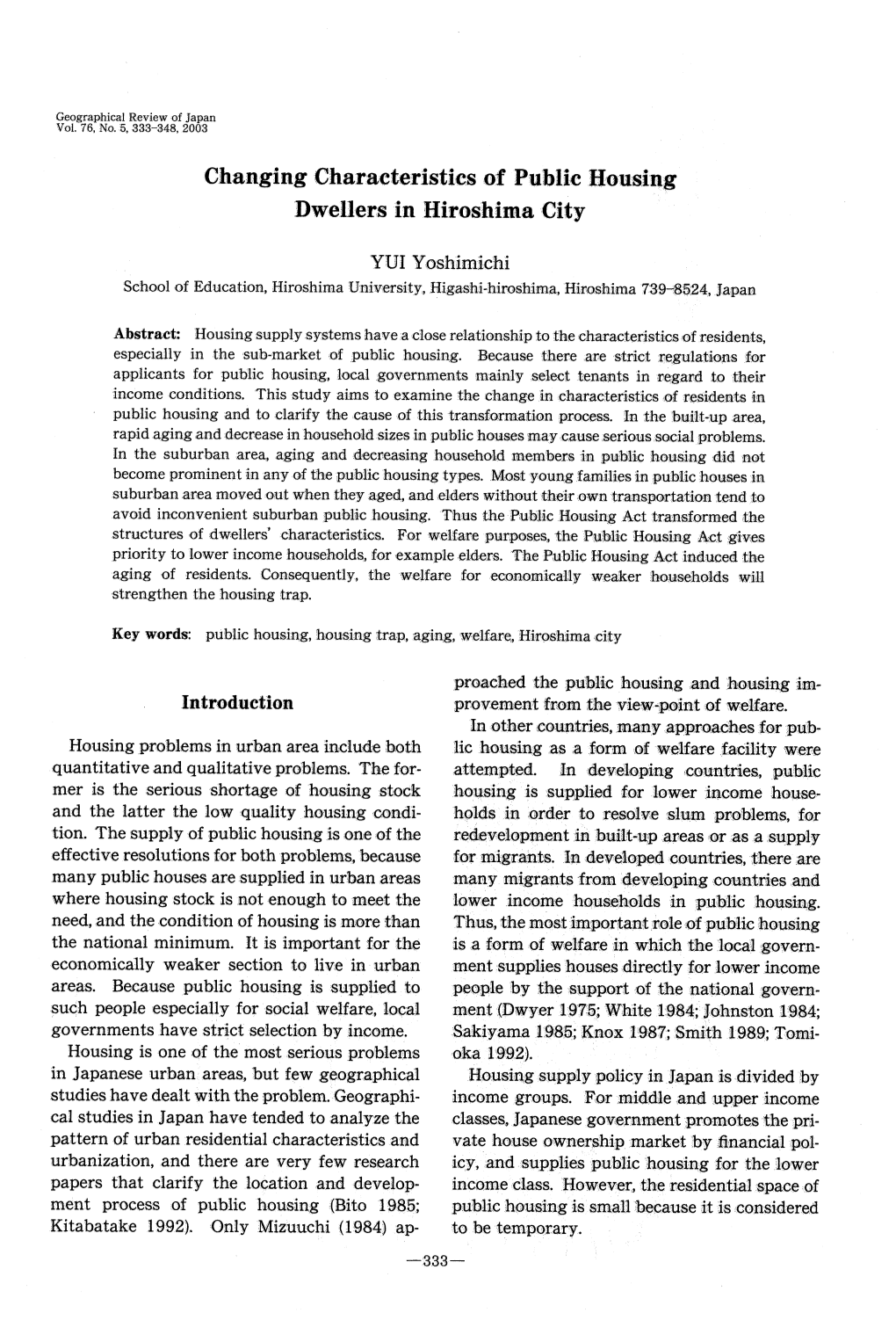 Changing Characteristics of Public Housing Dwellers in Hiroshima City