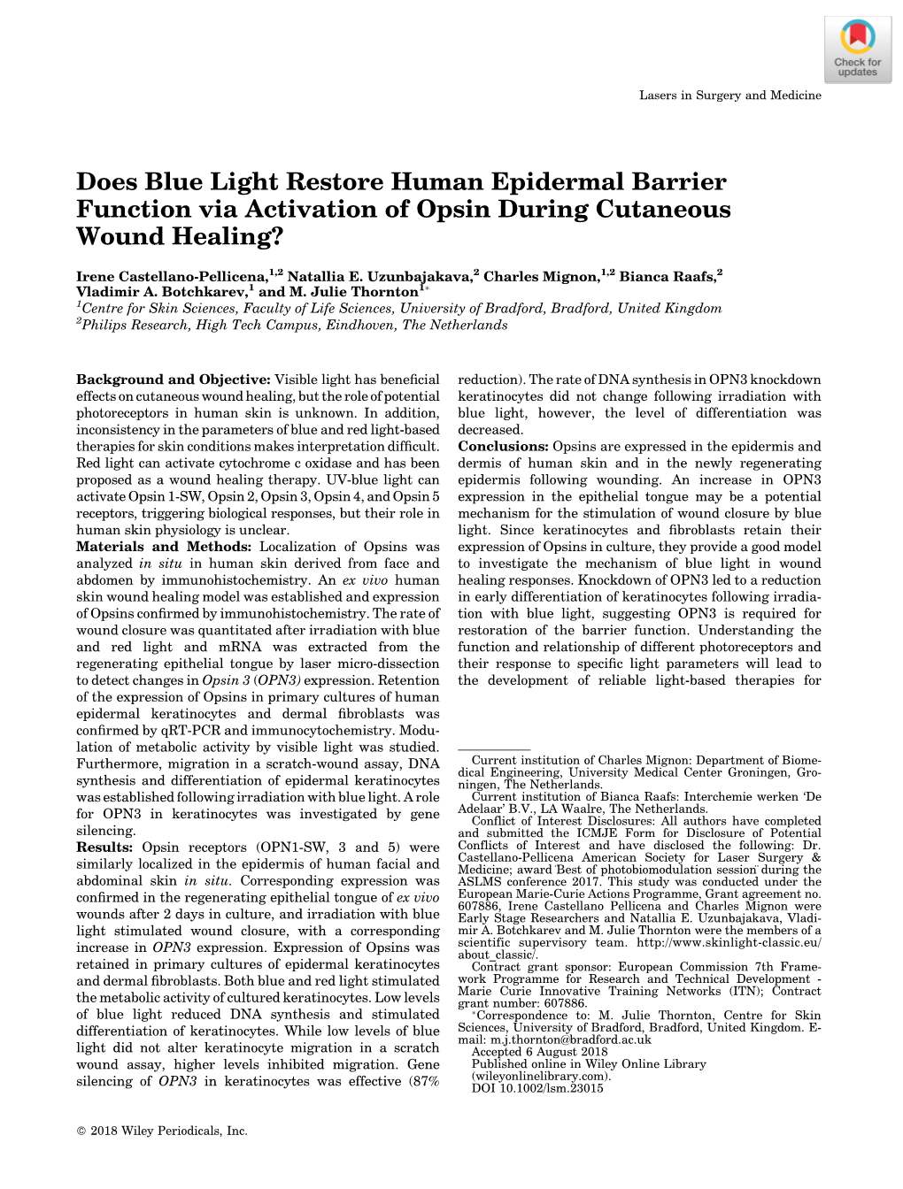 Does Blue Light Restore Human Epidermal Barrier Function Via Activation of Opsin During Cutaneous Wound Healing?