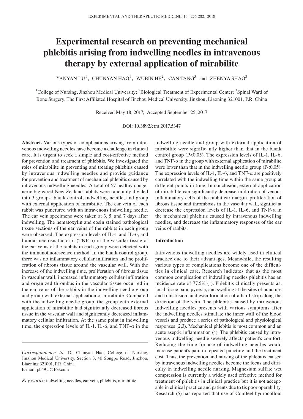Experimental Research on Preventing Mechanical Phlebitis Arising from Indwelling Needles in Intravenous Therapy by External Application of Mirabilite
