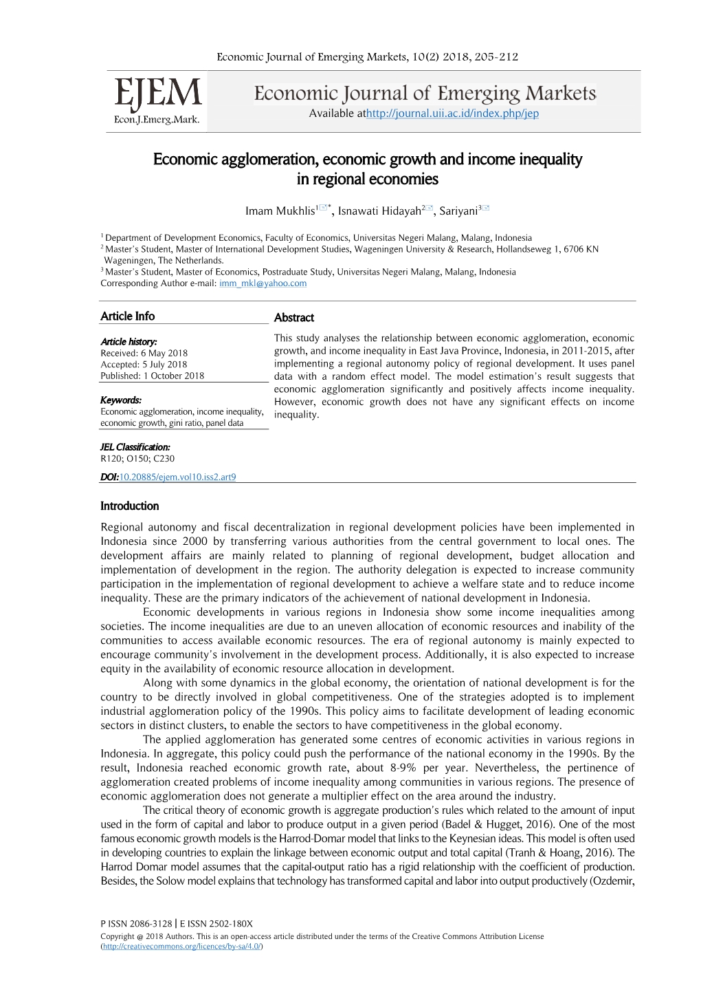 Economic Agglomeration, Economic Growth and Income Inequality in Regional Economies