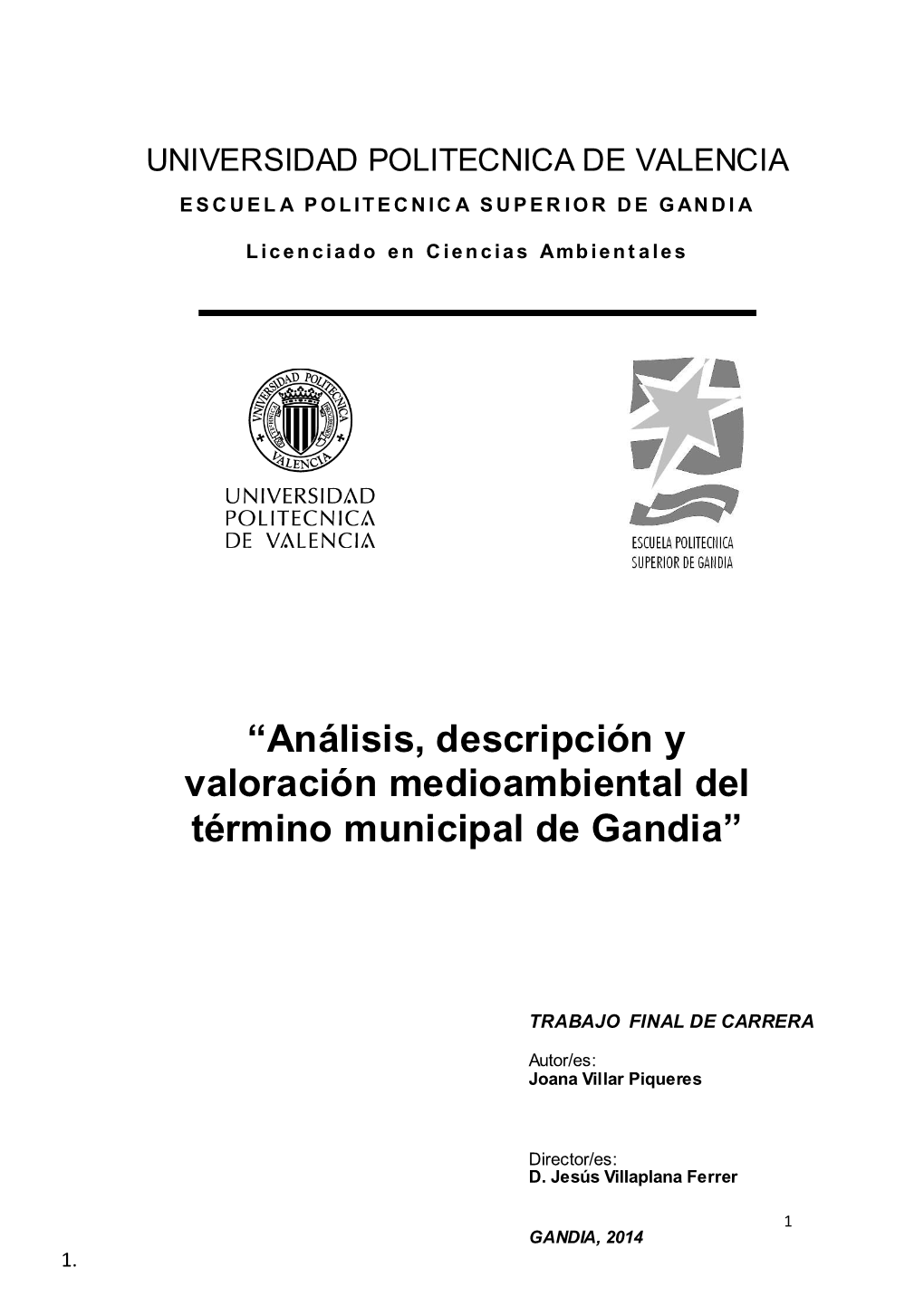 Análisis, Descripción Y Valoración Medioambiental Del Término Municipal De Gandia”