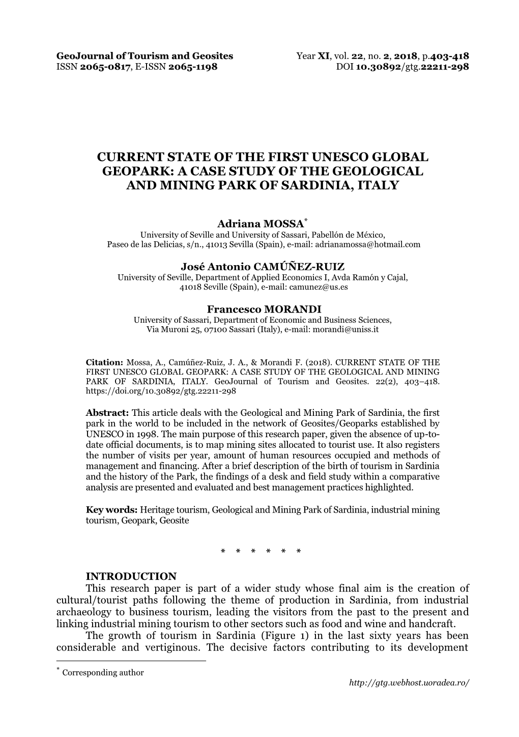 Current State of the First Unesco Global Geopark: a Case Study of the Geological and Mining Park of Sardinia, Italy