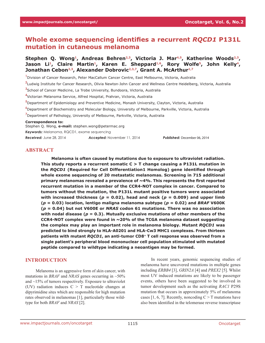 Whole Exome Sequencing Identifies a Recurrent RQCD1 P131L Mutation in Cutaneous Melanoma