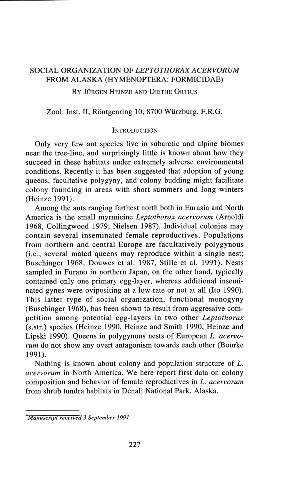 Social Organization of Leptothorax Acervorum from Alaska (Hymenoptera: Formicidae)