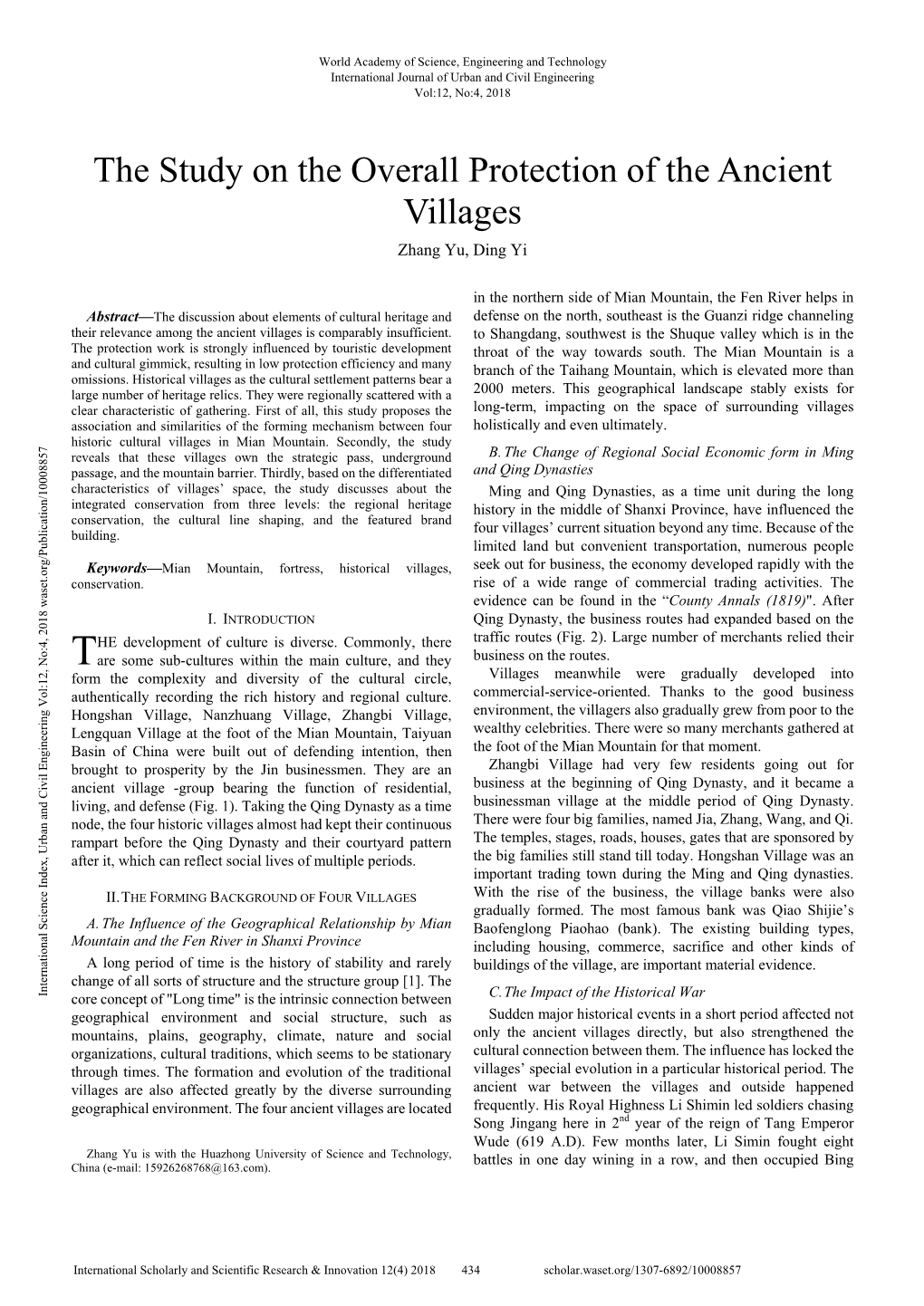 The Study on the Overall Protection of the Ancient Villages Zhang Yu, Ding Yi