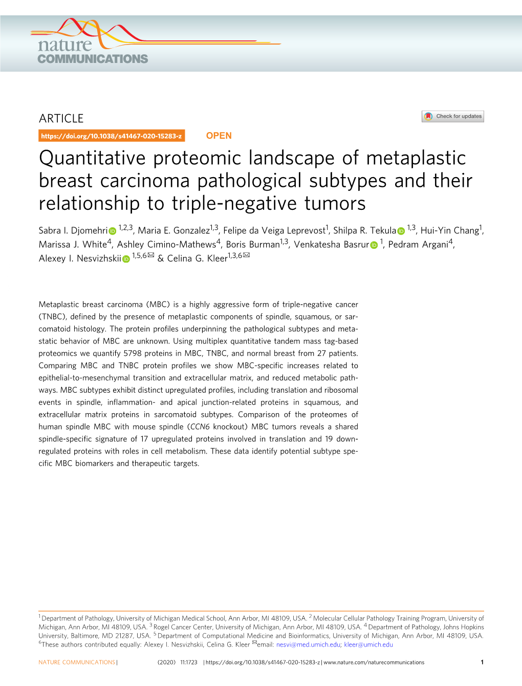 Quantitative Proteomic Landscape of Metaplastic Breast Carcinoma Pathological Subtypes and Their Relationship to Triple-Negative Tumors