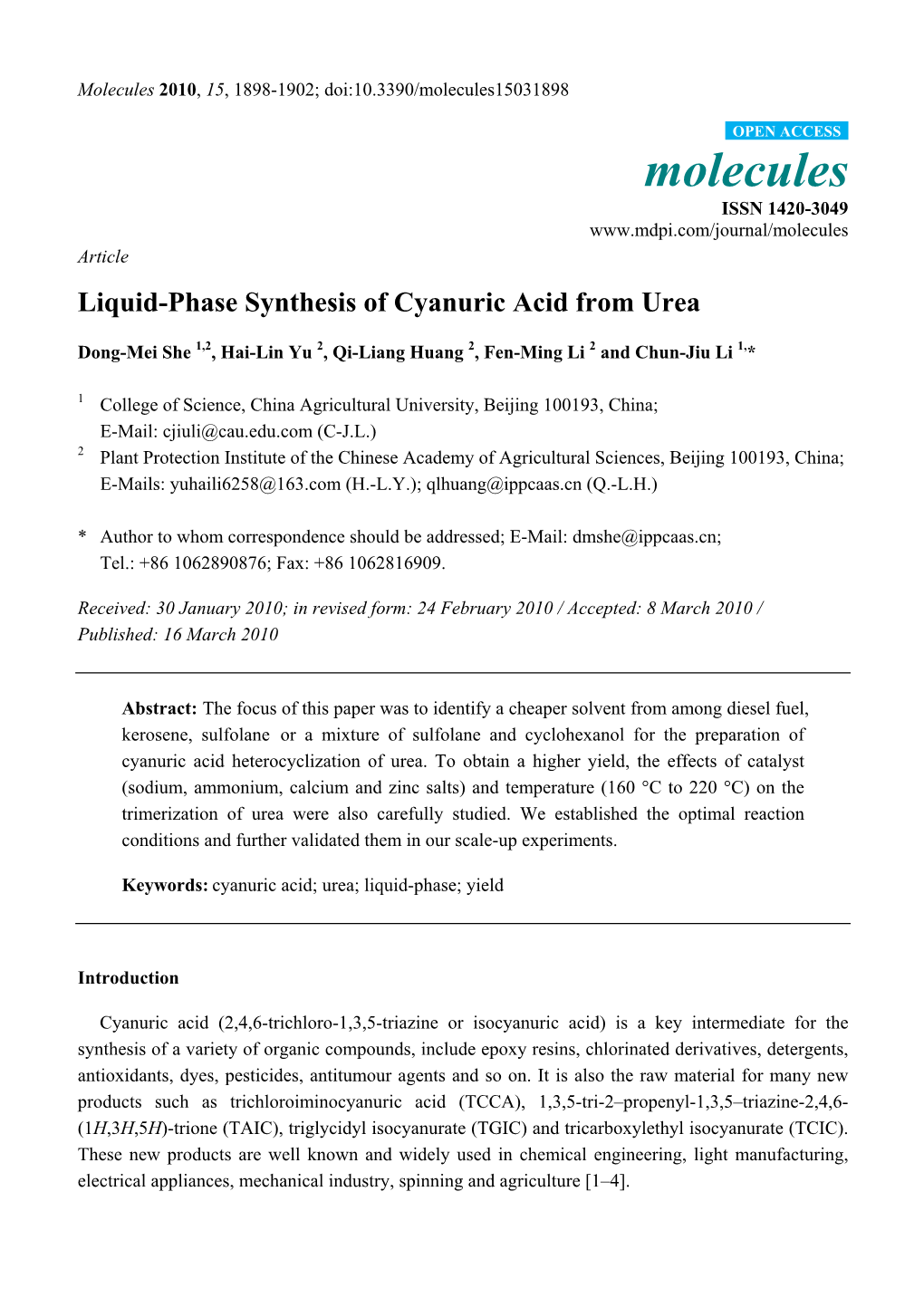 Liquid-Phase Synthesis of Cyanuric Acid from Urea
