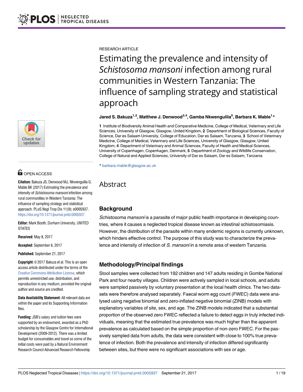 Estimating the Prevalence and Intensity of Schistosoma Mansoni