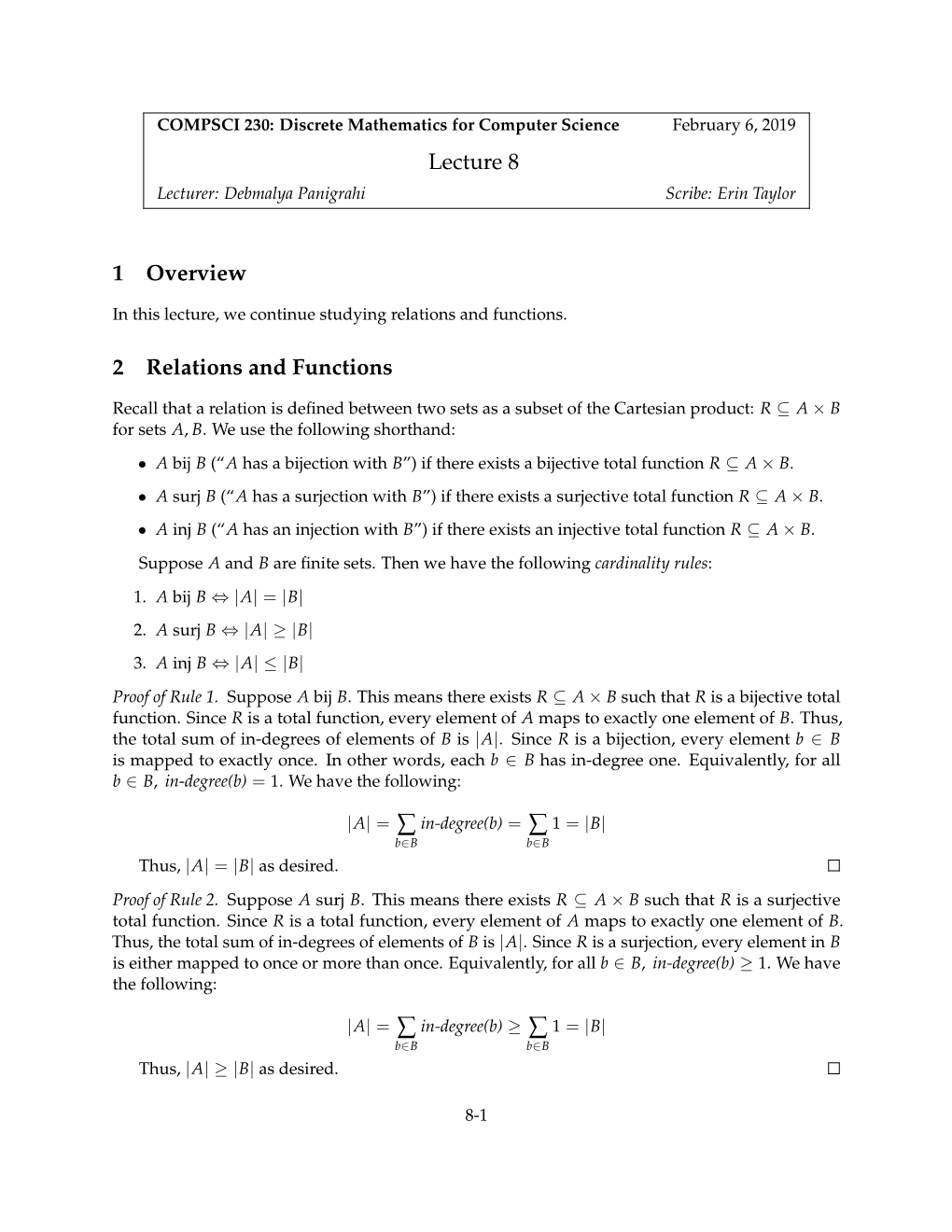 Lecture 8 1 Overview 2 Relations and Functions