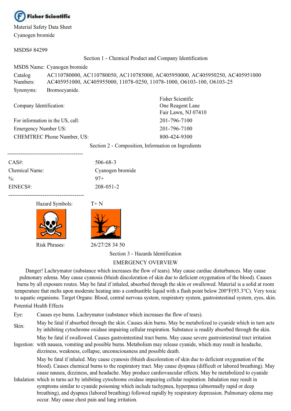 Material Safety Data Sheet Cyanogen Bromide MSDS# 84299 Section 1