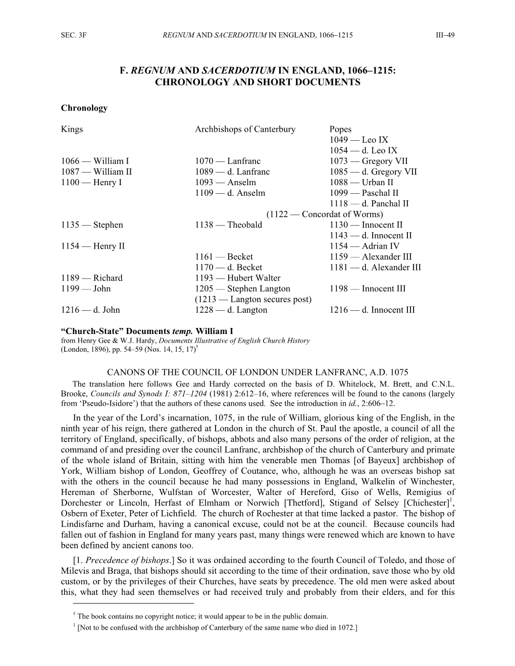 F. Regnum and Sacerdotium in England, 1066–1215: Chronology and Short Documents