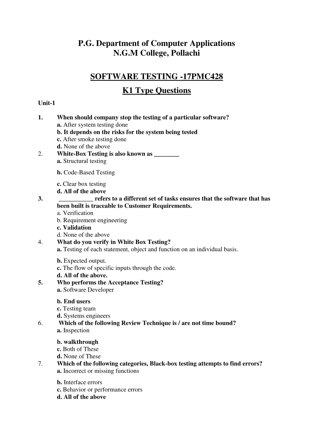 SOFTWARE TESTING -17PMC428 K1 Type Questions Unit-1