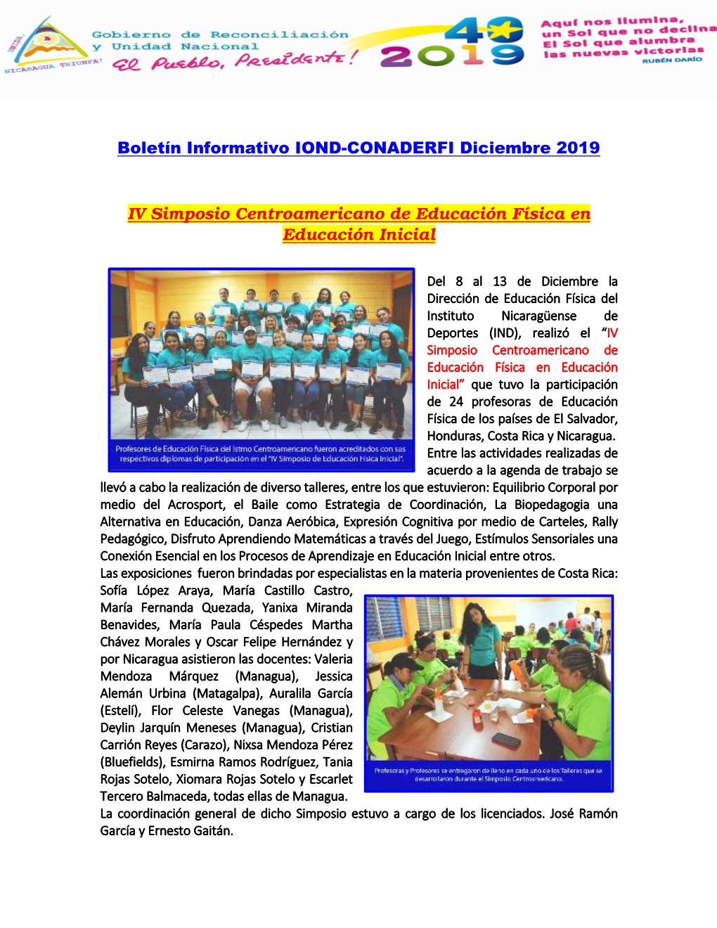 Boletín Informativo IOND-CONADERFI Diciembre 2019 IV Simposio Centroamericano De Educación Física En Educación Inicial