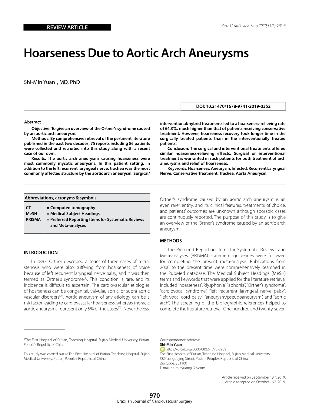 Hoarseness Due to Aortic Arch Aneurysms