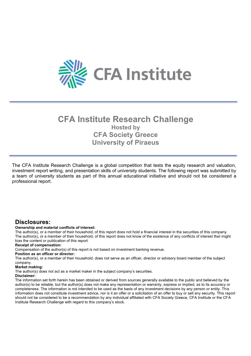 CFA Institute Research Challenge Hosted by CFA Society Greece University of Piraeus