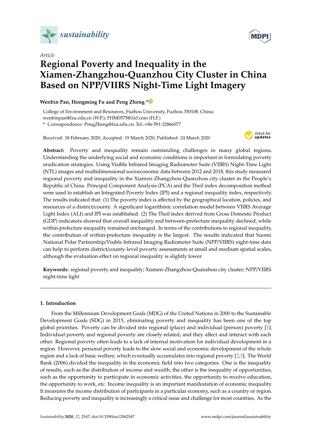 Regional Poverty and Inequality in the Xiamen-Zhangzhou-Quanzhou City Cluster in China Based on NPP/VIIRS Night-Time Light Imagery