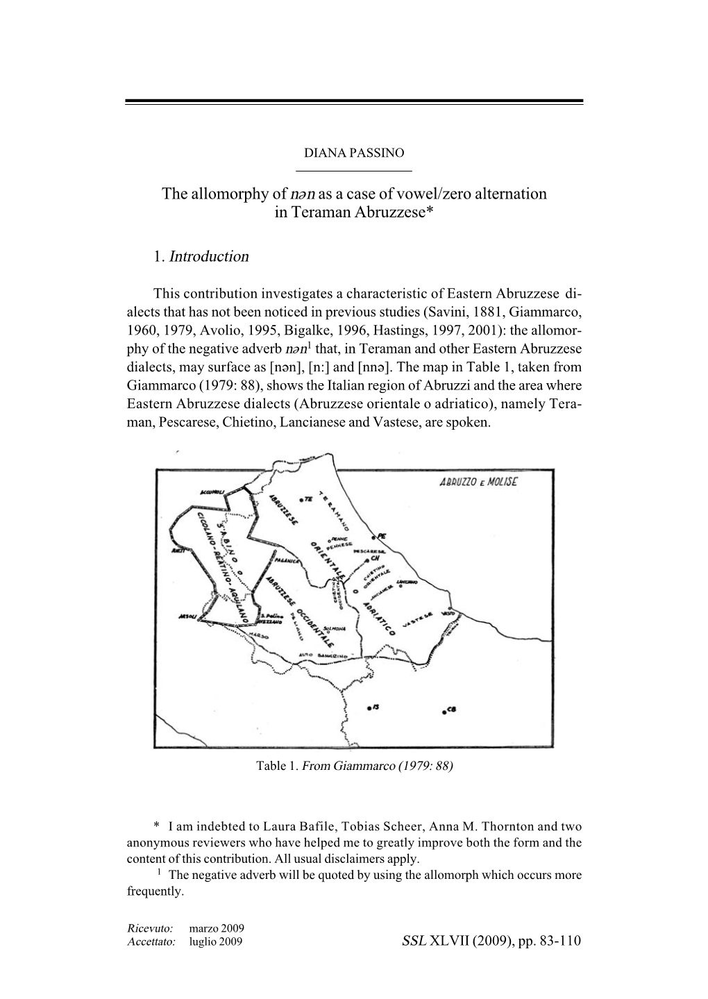 The Allomorphy of Nen As a Case of Vowel/Zero Alternation in Teraman Abruzzese*