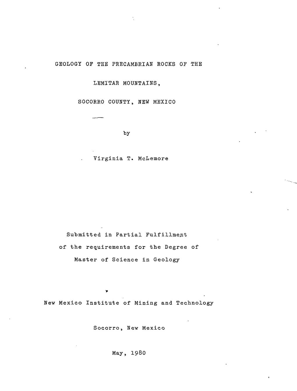 Geology of the Precambrian Rocks of the Lemitar Mountains, Socorro