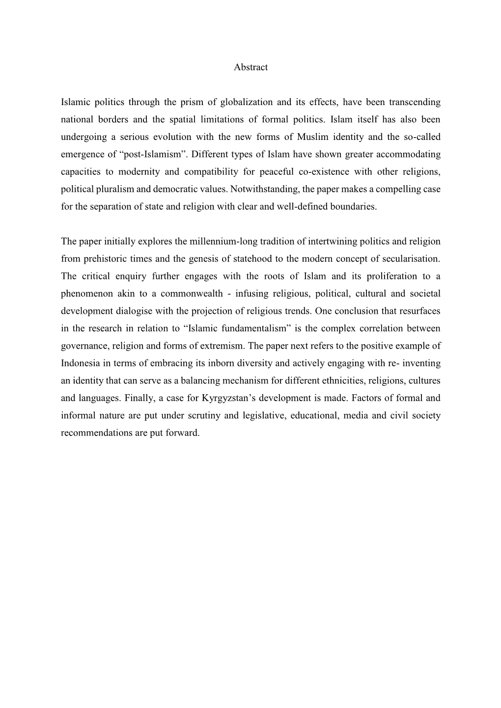 Abstract Islamic Politics Through the Prism of Globalization and Its Effects