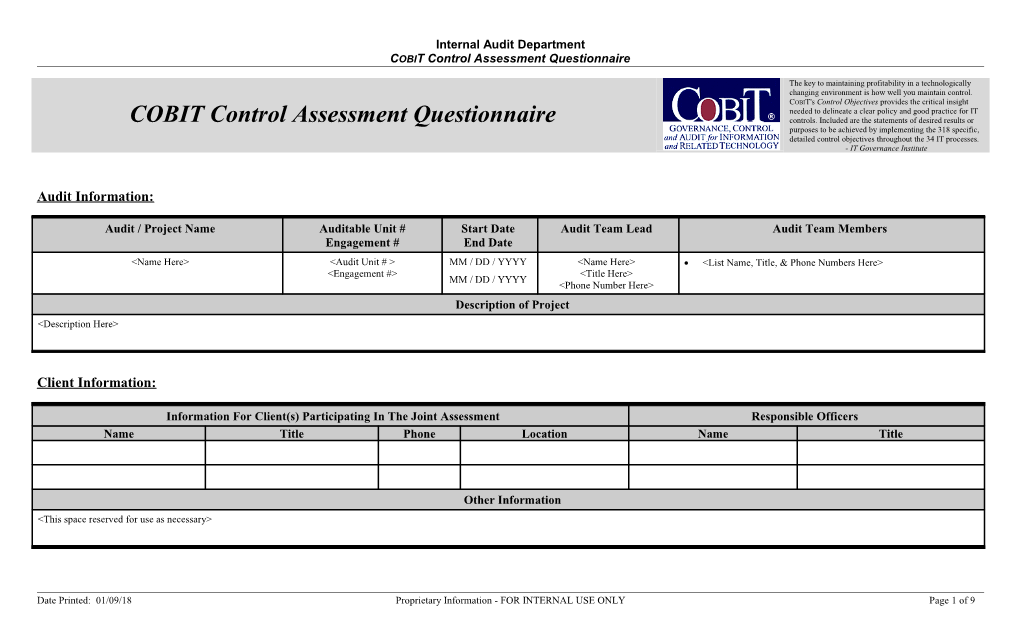 Internal Audit Department COBIT Control Assessment Questionnaire