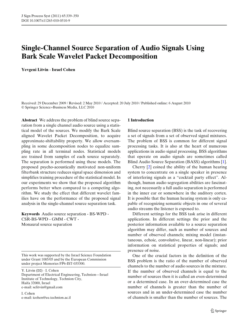 Single-Channel Source Separation of Audio Signals Using Bark Scale Wavelet Packet Decomposition