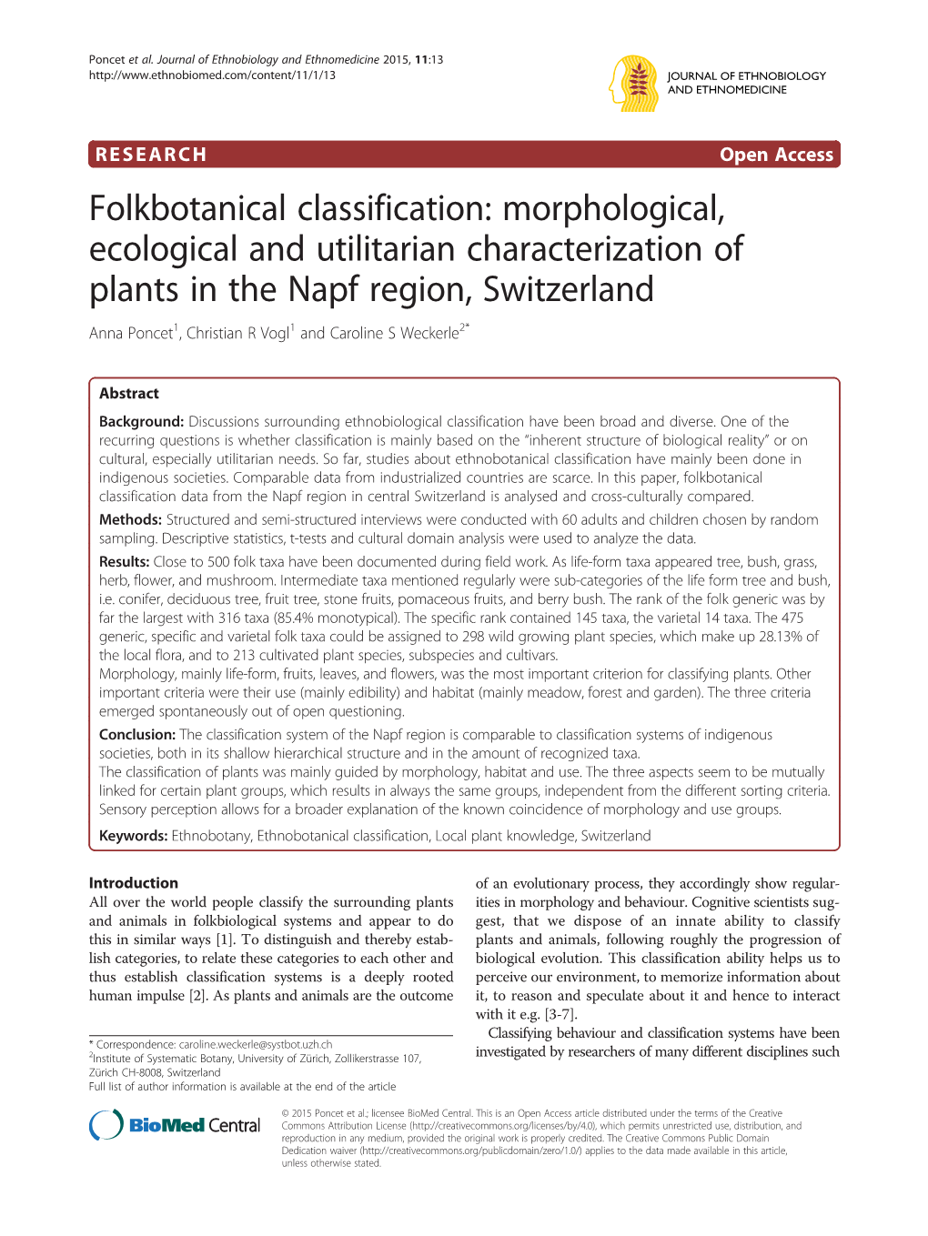 Folkbotanical Classification: Morphological, Ecological and Utilitarian Characterization of Plants in the Napf Region, Switzerla
