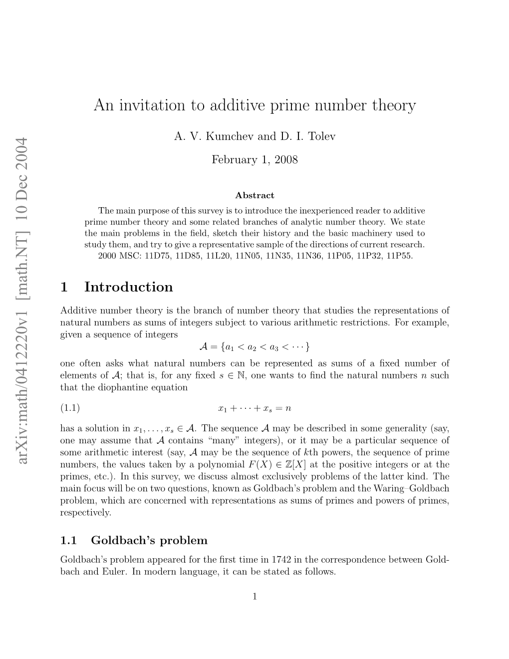 [Math.NT] 10 Dec 2004 an Invitation to Additive Prime Number Theory
