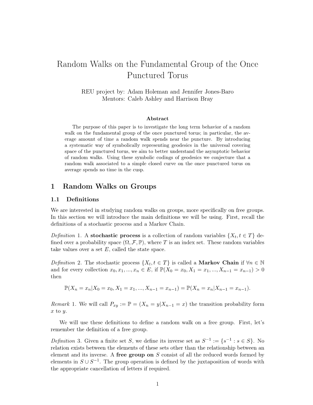 Random Walks on the Fundamental Group of the Once Punctured Torus
