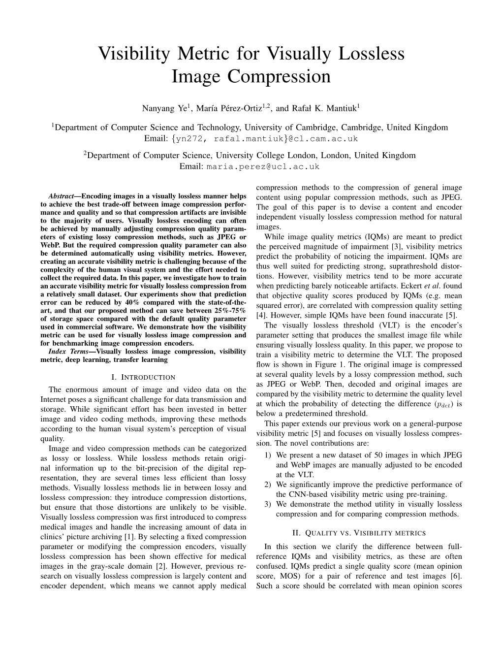 Visibility Metric for Visually Lossless Image Compression