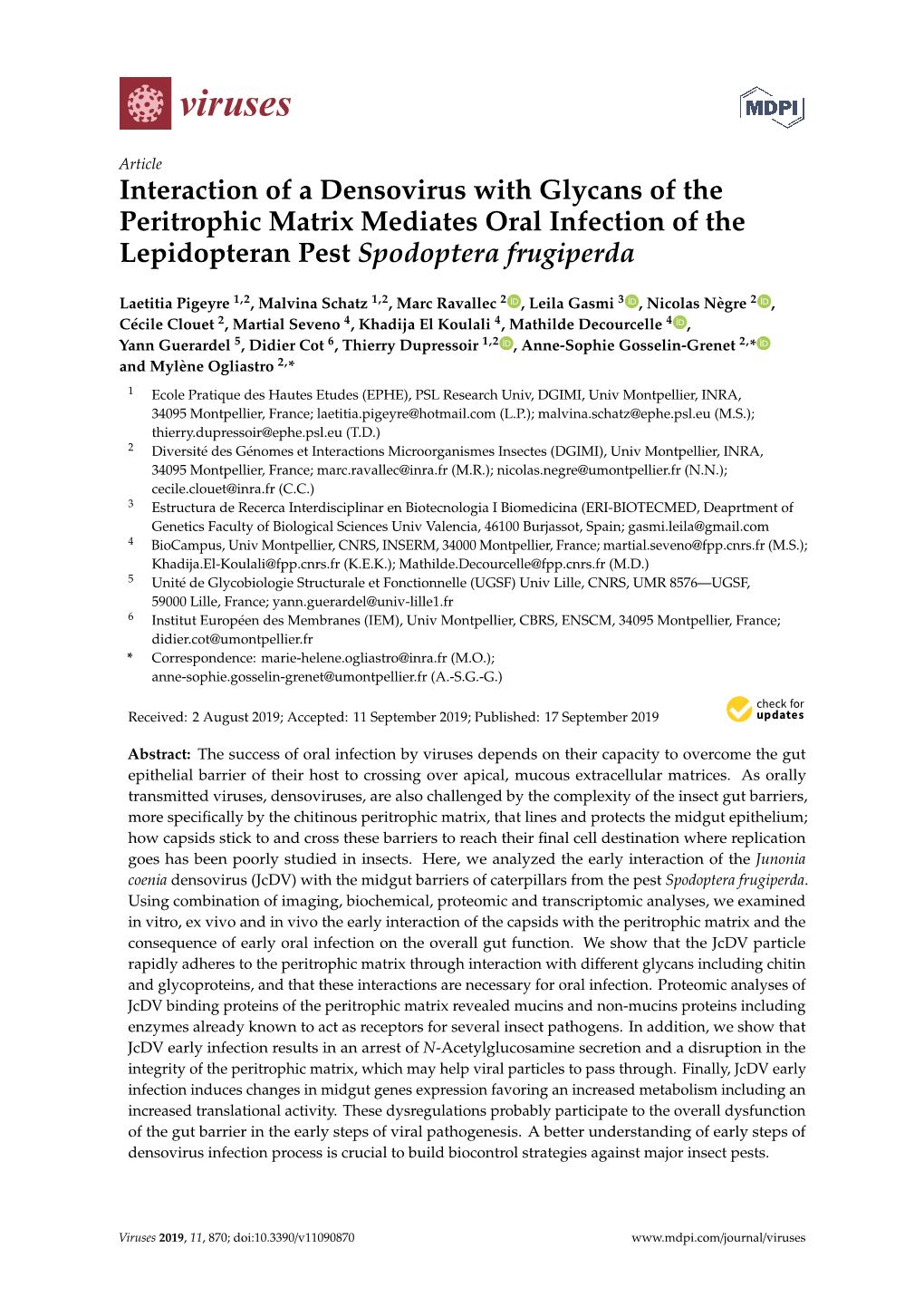 Interaction of a Densovirus with Glycans of the Peritrophic Matrix Mediates Oral Infection of the Lepidopteran Pest Spodoptera Frugiperda