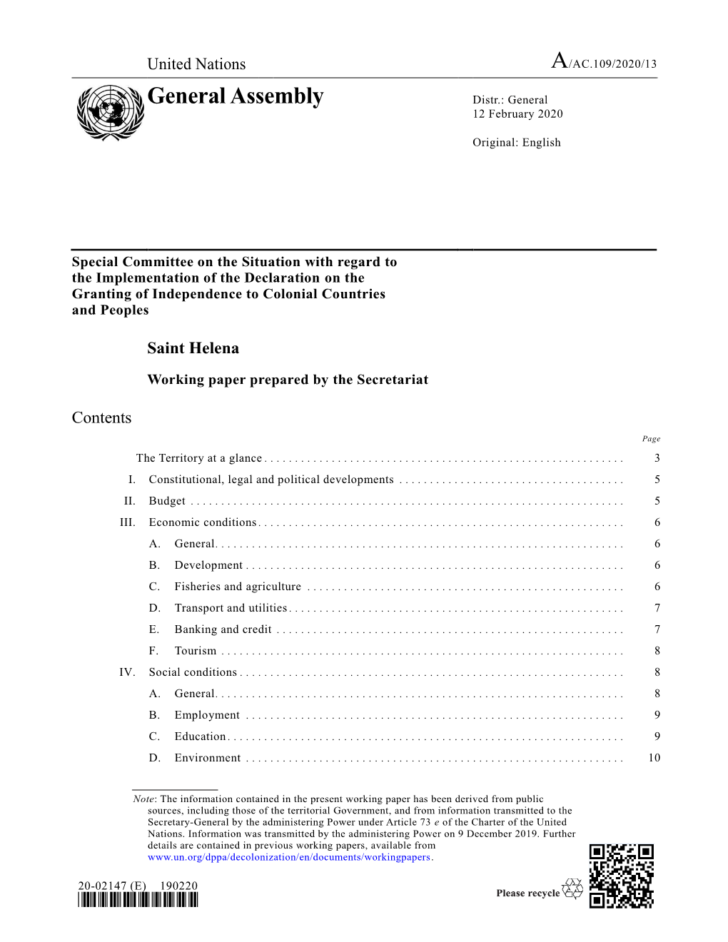 General Assembly Distr.: General 12 February 2020