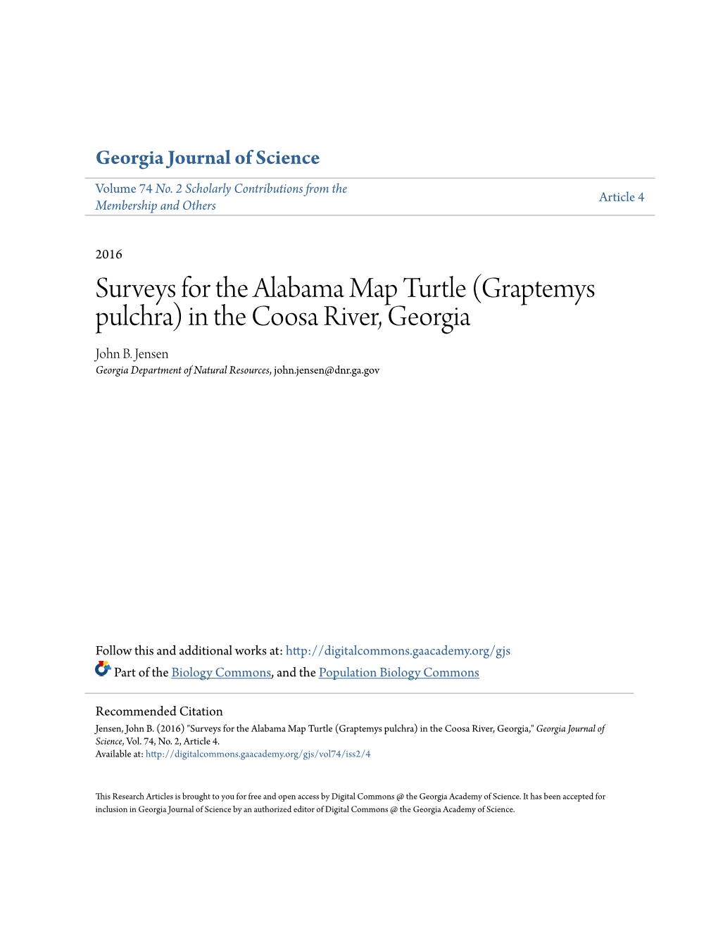 Surveys for the Alabama Map Turtle (Graptemys Pulchra) in the Coosa River, Georgia John B