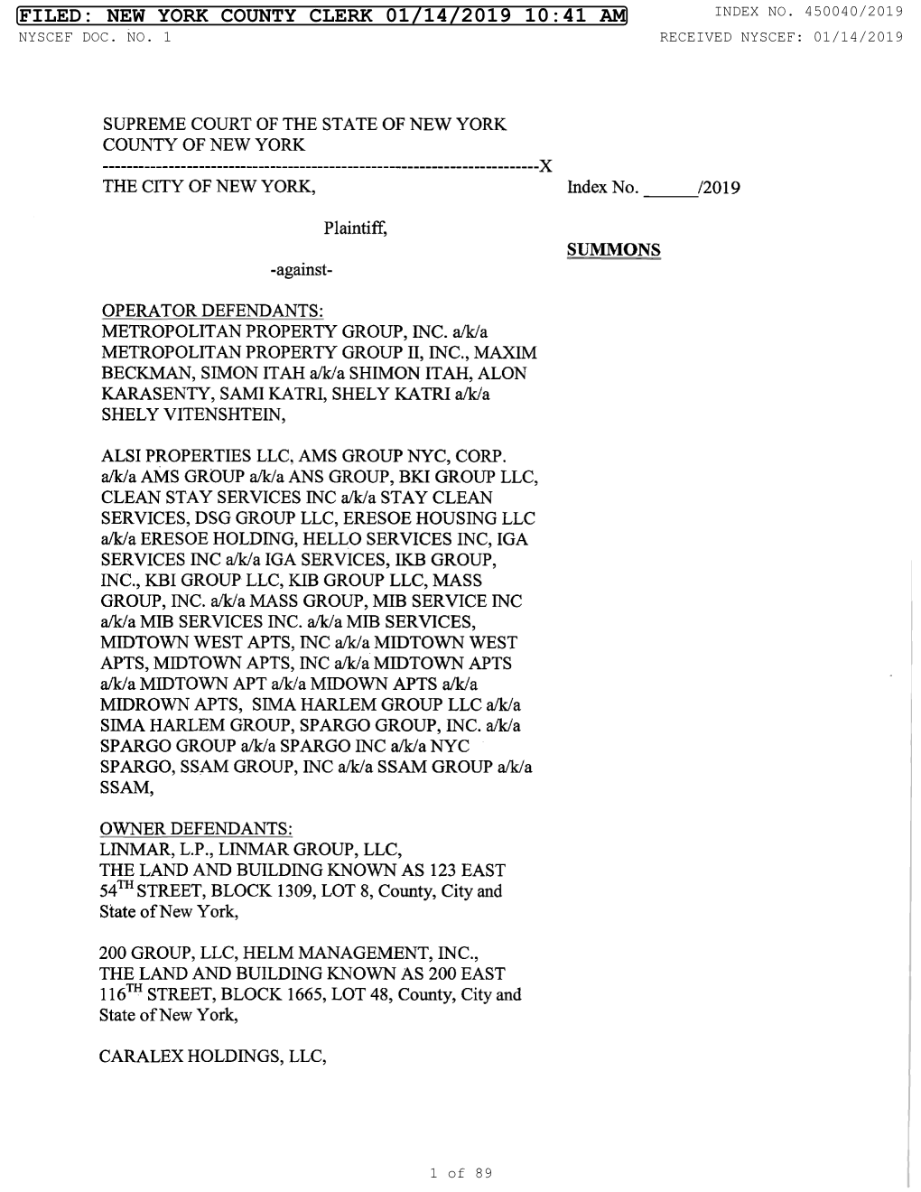Filed: New York County Clerk 01/14/2019 10:41 Am Index No