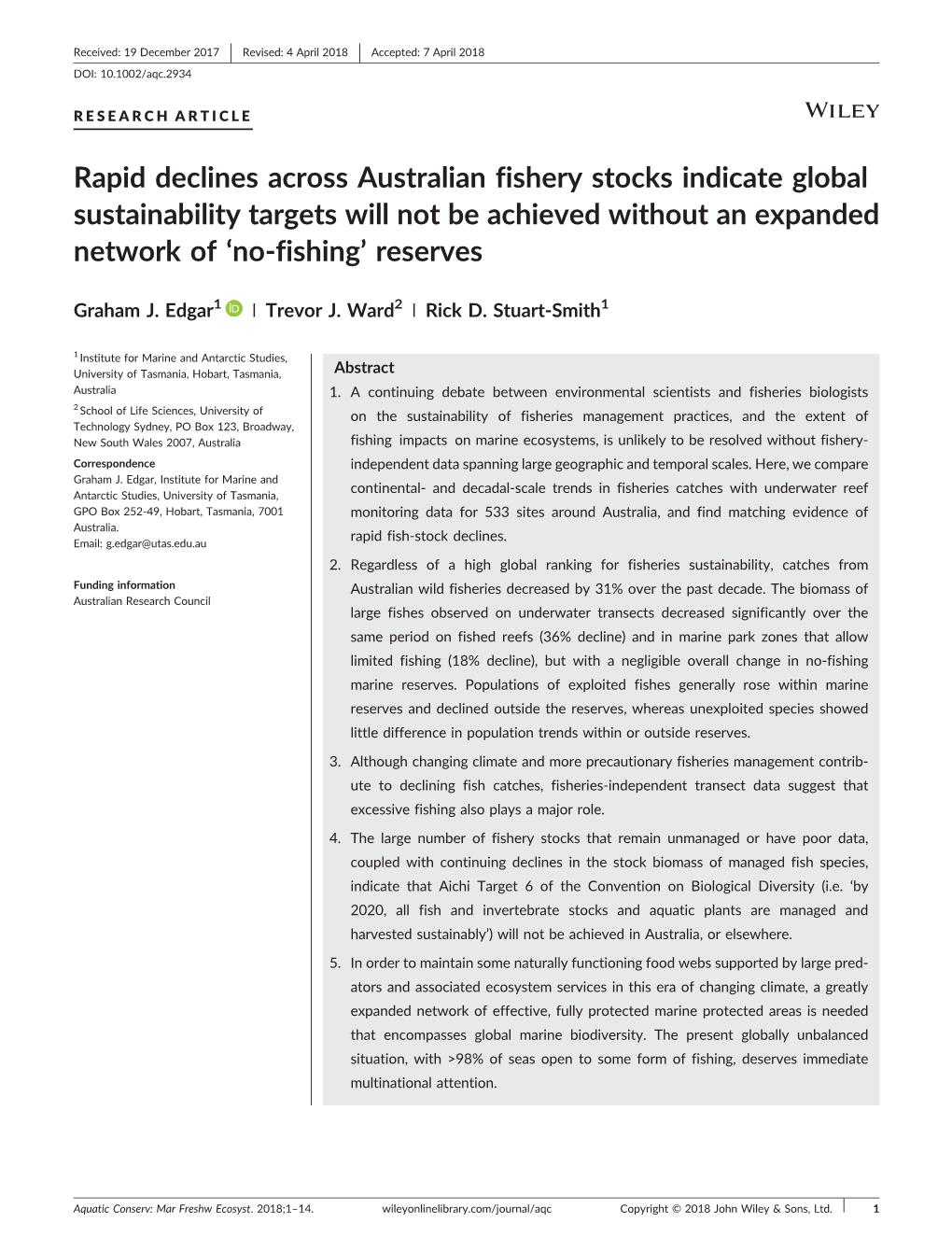 Rapid Declines Across Australian Fishery Stocks Indicate Global Sustainability Targets Will Not Be Achieved Without an Expanded Network of ‘No‐Fishing’ Reserves